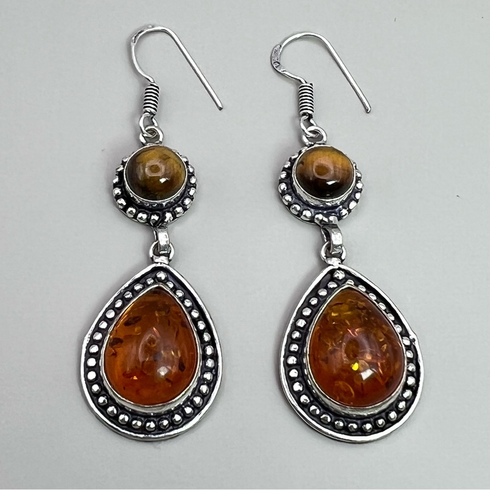 New Tigers Eye Gemstone with Sim Amber Silver Overlay Earrings